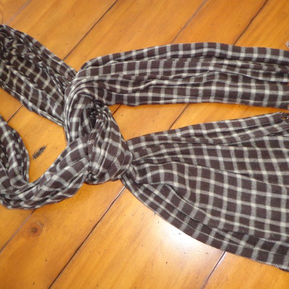 Long Fringed Scarf Brown Tan Checked Soft - Picture 3 of 4